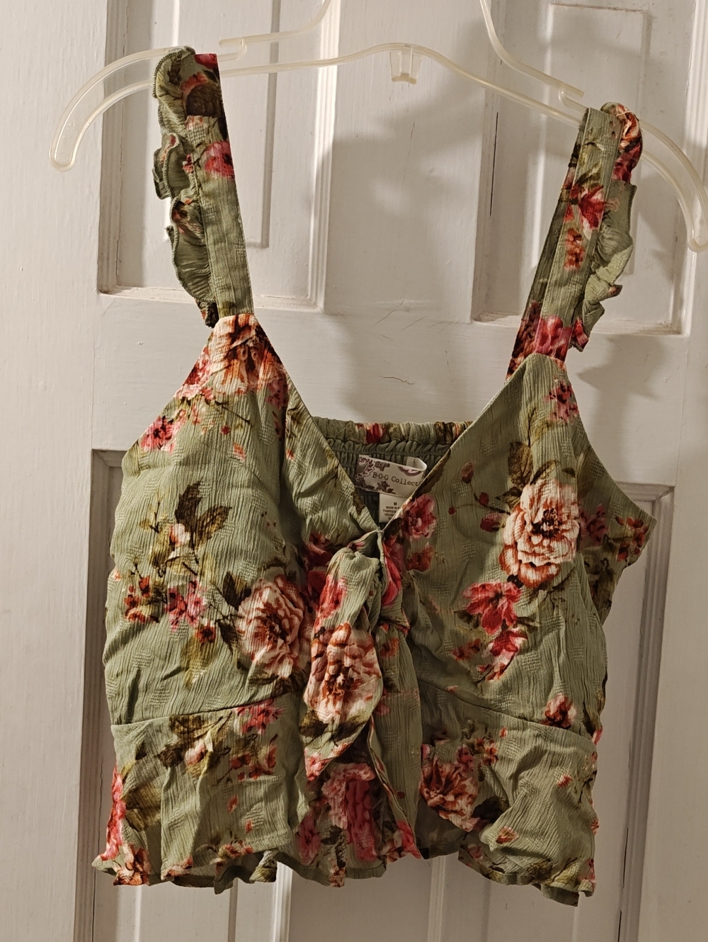 Floral Tie-Front Tank Top in Sage Green by BOG Collective, Medium